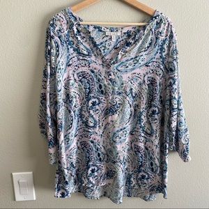 Pale Sky Paisley Top 2X pink and blue pattern